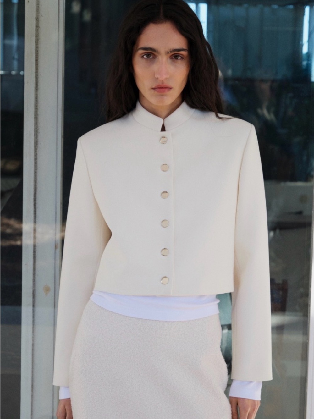 NWT Mango Cream White Mandarin Collar Crop Jacket Size L